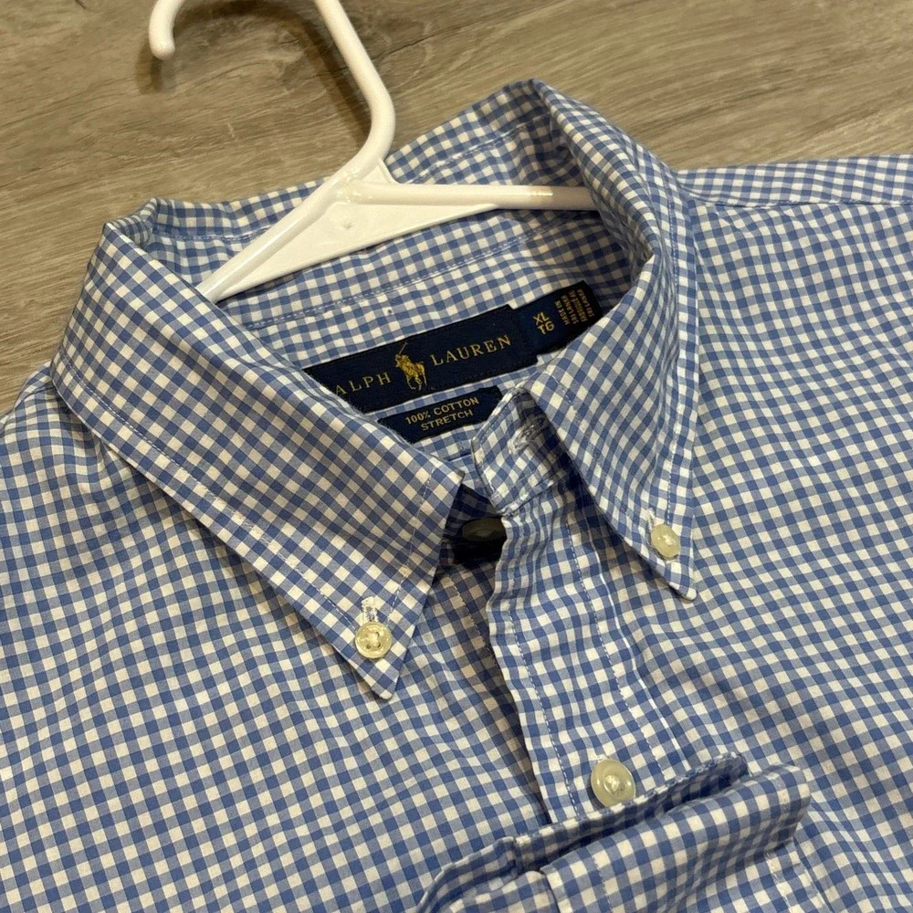 Polo Ralph Lauren Stretch Shirt Mens‎ XL Blue White Oxford Pony Gingham Check